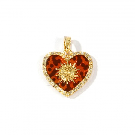 Imagen de 2 Unidades Latón día de San Valentín Colgantes Charms Al Por Mayor 18K Oro Real Chapado Marrón Corazón Leopardo Claro Circón Artificial 22mm x 18mm