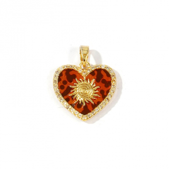 Bild von 2 Stück Messing Valentinstag Charm-Anhänger Großhandel 18K Echtgold plattiert Braun Herz Leopard Klar Kubischer Zirkon 22mm x 18mm