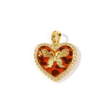 Bild von 2 Stück Messing Valentinstag Charm-Anhänger Großhandel 18K Echtgold plattiert Braun Herz Leopard Klar Kubischer Zirkon 22mm x 18mm
