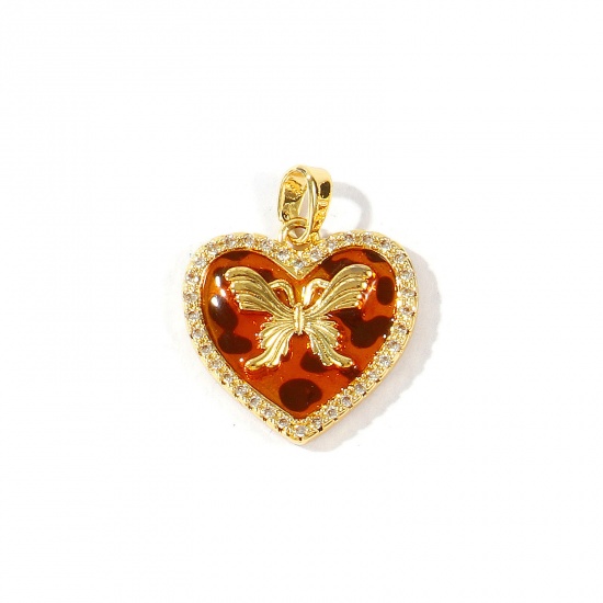 Bild von 2 Stück Messing Valentinstag Charm-Anhänger Großhandel 18K Echtgold plattiert Braun Herz Leopard Klar Kubischer Zirkon 22mm x 18mm
