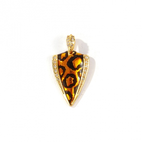 Bild von 2 Stück Messing Valentinstag Charm-Anhänger Großhandel 18K Echtgold plattiert Braun Pfeilspitze Leopard Emaille Klar Kubischer Zirkon 26mm x 14mm