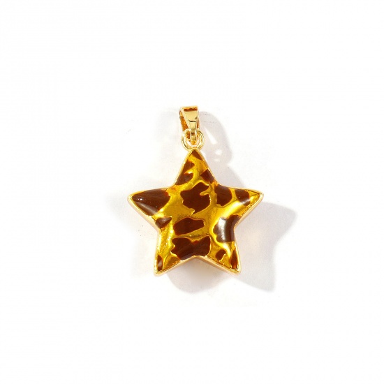 Bild von 2 Stück Messing Galaxis Charm-Anhänger Großhandel 18K Echtgold plattiert Braun Pentagramm Stern Leopard Emaille 25mm x 18mm