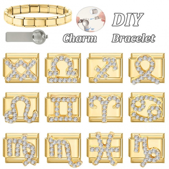 Picture of 1 Piece 304 Stainless Steel & Zinc Based Alloy Italian Charm Links For DIY Modular Bracelet Watch Jewelry Making Wholesale Gold Plated Rectangle Aries Sign Of Zodiac Constellations Clear Rhinestone 10mm x 9mm
