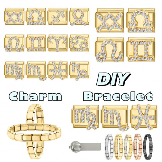 Picture of 1 Piece 304 Stainless Steel & Zinc Based Alloy Italian Charm Links For DIY Modular Bracelet Watch Jewelry Making Wholesale Gold Plated Rectangle Aries Sign Of Zodiac Constellations Clear Rhinestone 10mm x 9mm