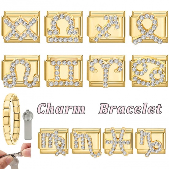 Picture of 1 Piece 304 Stainless Steel & Zinc Based Alloy Italian Charm Links For DIY Modular Bracelet Watch Jewelry Making Wholesale Gold Plated Rectangle Aries Sign Of Zodiac Constellations Clear Rhinestone 10mm x 9mm