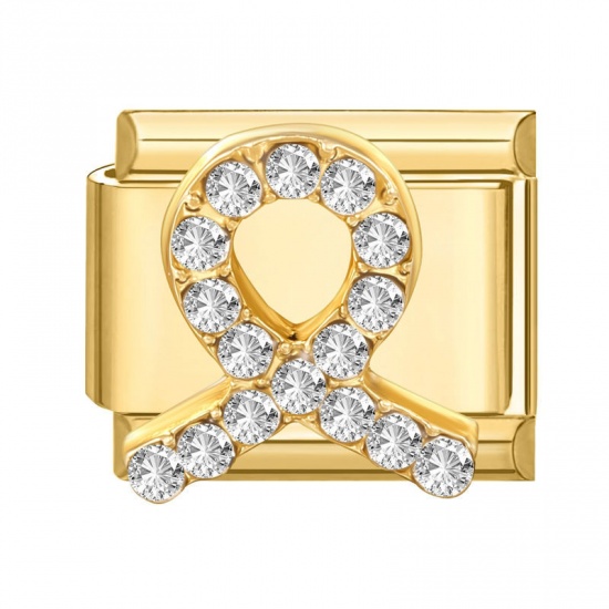 Picture of 1 Piece 304 Stainless Steel & Zinc Based Alloy Italian Charm Links For DIY Modular Bracelet Watch Jewelry Making Wholesale Gold Plated Rectangle Taurus Sign Of Zodiac Constellations Clear Rhinestone 10mm x 9mm