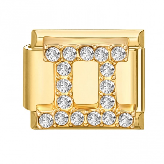 Picture of 1 Piece 304 Stainless Steel & Zinc Based Alloy Italian Charm Links For DIY Modular Bracelet Watch Jewelry Making Wholesale Gold Plated Rectangle Gemini Sign Of Zodiac Constellations Clear Rhinestone 10mm x 9mm