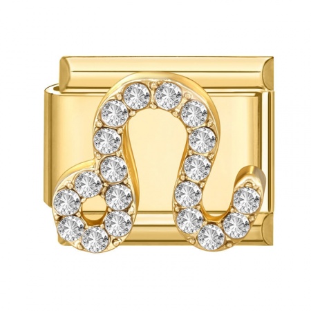 Picture of 1 Piece 304 Stainless Steel & Zinc Based Alloy Italian Charm Links For DIY Modular Bracelet Watch Jewelry Making Wholesale Gold Plated Rectangle Leo Sign Of Zodiac Constellations Clear Rhinestone 10mm x 9mm