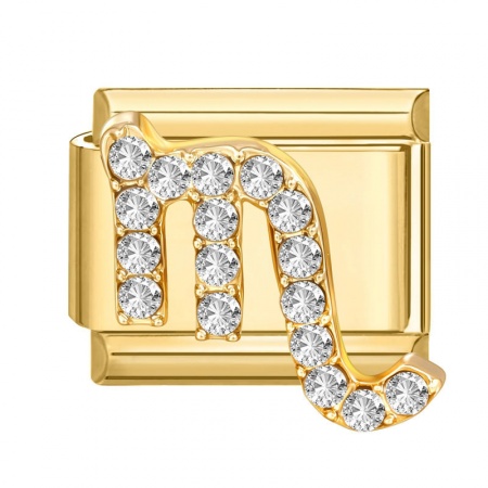 Picture of 1 Piece 304 Stainless Steel & Zinc Based Alloy Italian Charm Links For DIY Modular Bracelet Watch Jewelry Making Wholesale Gold Plated Rectangle Scorpio Sign Of Zodiac Constellations Clear Rhinestone 10mm x 9mm