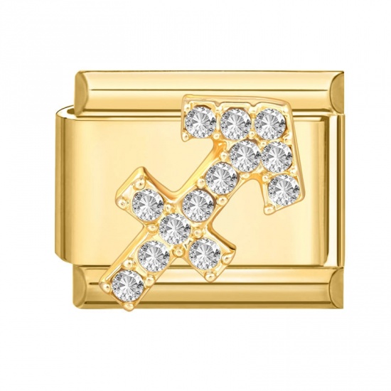 Picture of 1 Piece 304 Stainless Steel & Zinc Based Alloy Italian Charm Links For DIY Modular Bracelet Watch Jewelry Making Wholesale Gold Plated Rectangle Sagittarius Sign Of Zodiac Constellations Clear Rhinestone 10mm x 9mm