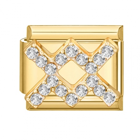 Picture of 1 Piece 304 Stainless Steel & Zinc Based Alloy Italian Charm Links For DIY Modular Bracelet Watch Jewelry Making Wholesale Gold Plated Rectangle Aquarius Sign Of Zodiac Constellations Clear Rhinestone 10mm x 9mm