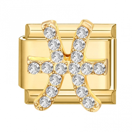 Picture of 1 Piece 304 Stainless Steel & Zinc Based Alloy Italian Charm Links For DIY Modular Bracelet Watch Jewelry Making Wholesale Gold Plated Rectangle Pisces Sign Of Zodiac Constellations Clear Rhinestone 10mm x 9mm