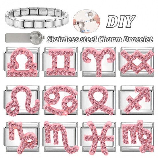 Picture of 1 Piece 304 Stainless Steel & Zinc Based Alloy Italian Charm Links For DIY Modular Bracelet Watch Jewelry Making Wholesale Silver Tone Rectangle Aries Sign Of Zodiac Constellations Pink Rhinestone 10mm x 9mm
