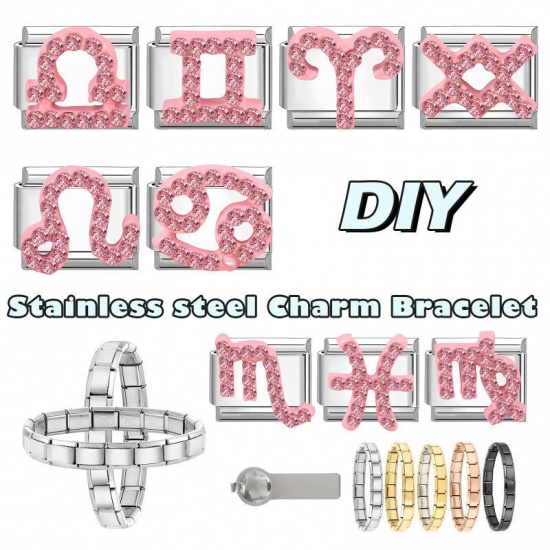 Picture of 1 Piece 304 Stainless Steel & Zinc Based Alloy Italian Charm Links For DIY Modular Bracelet Watch Jewelry Making Wholesale Silver Tone Rectangle Aries Sign Of Zodiac Constellations Pink Rhinestone 10mm x 9mm