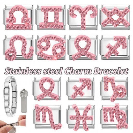 Picture of 1 Piece 304 Stainless Steel & Zinc Based Alloy Italian Charm Links For DIY Modular Bracelet Watch Jewelry Making Wholesale Silver Tone Rectangle Aries Sign Of Zodiac Constellations Pink Rhinestone 10mm x 9mm