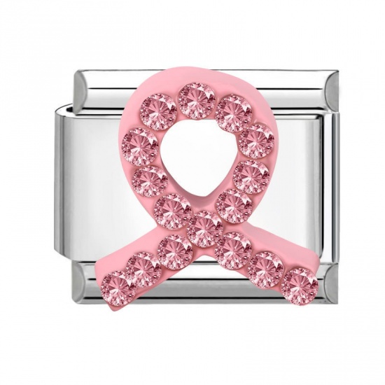 Picture of 1 Piece 304 Stainless Steel & Zinc Based Alloy Italian Charm Links For DIY Modular Bracelet Watch Jewelry Making Wholesale Silver Tone Rectangle Taurus Sign Of Zodiac Constellations Pink Rhinestone 10mm x 9mm
