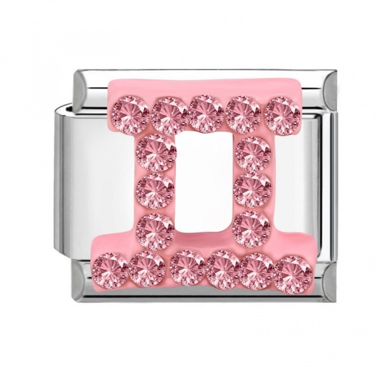 Picture of 1 Piece 304 Stainless Steel & Zinc Based Alloy Italian Charm Links For DIY Modular Bracelet Watch Jewelry Making Wholesale Silver Tone Rectangle Gemini Sign Of Zodiac Constellations Pink Rhinestone 10mm x 9mm