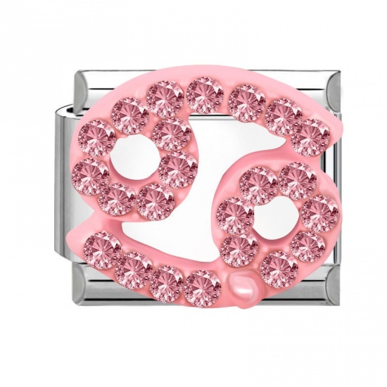 Picture of 1 Piece 304 Stainless Steel & Zinc Based Alloy Italian Charm Links For DIY Modular Bracelet Watch Jewelry Making Wholesale Silver Tone Rectangle Cancer Sign Of Zodiac Constellations Pink Rhinestone 10mm x 9mm