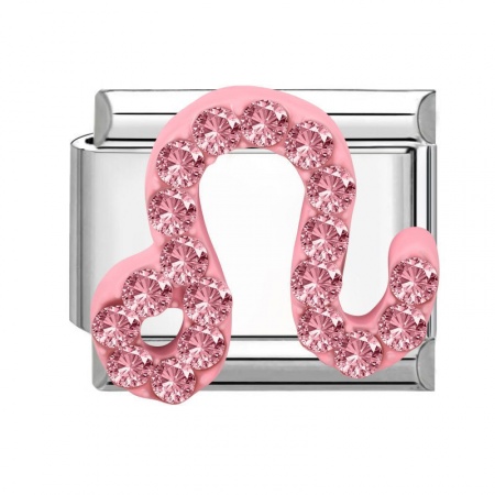 Picture of 1 Piece 304 Stainless Steel & Zinc Based Alloy Italian Charm Links For DIY Modular Bracelet Watch Jewelry Making Wholesale Silver Tone Rectangle Leo Sign Of Zodiac Constellations Pink Rhinestone 10mm x 9mm