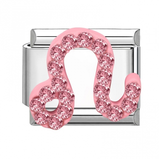 Picture of 1 Piece 304 Stainless Steel & Zinc Based Alloy Italian Charm Links For DIY Modular Bracelet Watch Jewelry Making Wholesale Silver Tone Rectangle Leo Sign Of Zodiac Constellations Pink Rhinestone 10mm x 9mm