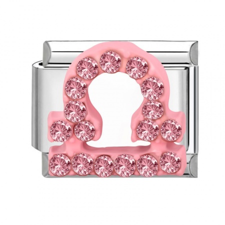 Picture of 1 Piece 304 Stainless Steel & Zinc Based Alloy Italian Charm Links For DIY Modular Bracelet Watch Jewelry Making Wholesale Silver Tone Rectangle Libra Sign Of Zodiac Constellations Pink Rhinestone 10mm x 9mm