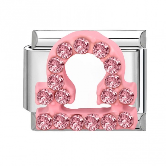 Picture of 1 Piece 304 Stainless Steel & Zinc Based Alloy Italian Charm Links For DIY Modular Bracelet Watch Jewelry Making Wholesale Silver Tone Rectangle Libra Sign Of Zodiac Constellations Pink Rhinestone 10mm x 9mm