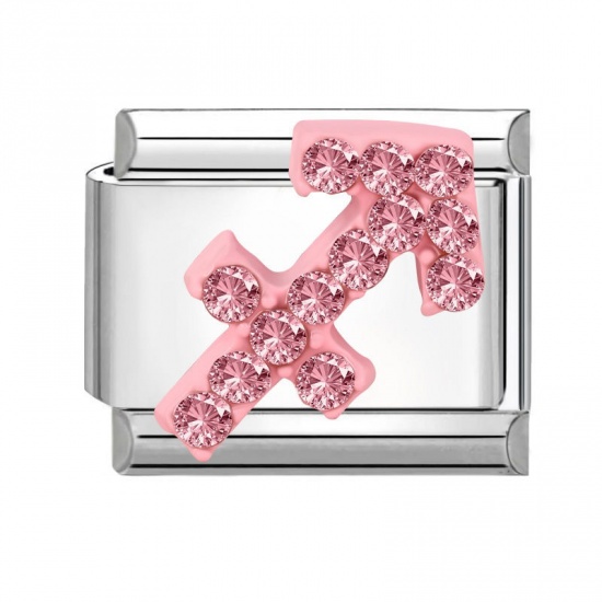 Picture of 1 Piece 304 Stainless Steel & Zinc Based Alloy Italian Charm Links For DIY Modular Bracelet Watch Jewelry Making Wholesale Silver Tone Rectangle Sagittarius Sign Of Zodiac Constellations Pink Rhinestone 10mm x 9mm