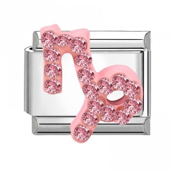 Picture of 1 Piece 304 Stainless Steel & Zinc Based Alloy Italian Charm Links For DIY Modular Bracelet Watch Jewelry Making Wholesale Silver Tone Rectangle Capricornus Sign Of Zodiac Constellations Pink Rhinestone 10mm x 9mm