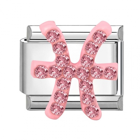 Picture of 1 Piece 304 Stainless Steel & Zinc Based Alloy Italian Charm Links For DIY Modular Bracelet Watch Jewelry Making Wholesale Silver Tone Rectangle Pisces Sign Of Zodiac Constellations Pink Rhinestone 10mm x 9mm