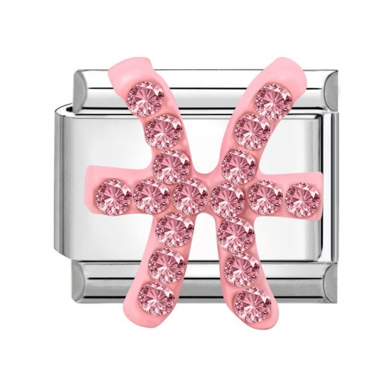 Picture of 1 Piece 304 Stainless Steel & Zinc Based Alloy Italian Charm Links For DIY Modular Bracelet Watch Jewelry Making Wholesale Silver Tone Rectangle Pisces Sign Of Zodiac Constellations Pink Rhinestone 10mm x 9mm