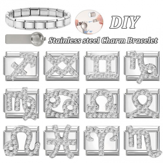 Picture of 1 Piece 304 Stainless Steel & Zinc Based Alloy Italian Charm Links For DIY Modular Bracelet Watch Jewelry Making Wholesale Silver Tone Rectangle Aries Sign Of Zodiac Constellations Clear Rhinestone 10mm x 9mm