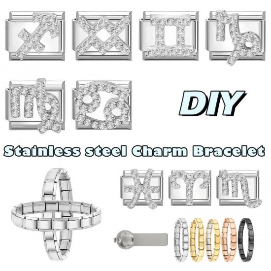 Picture of 1 Piece 304 Stainless Steel & Zinc Based Alloy Italian Charm Links For DIY Modular Bracelet Watch Jewelry Making Wholesale Silver Tone Rectangle Aries Sign Of Zodiac Constellations Clear Rhinestone 10mm x 9mm