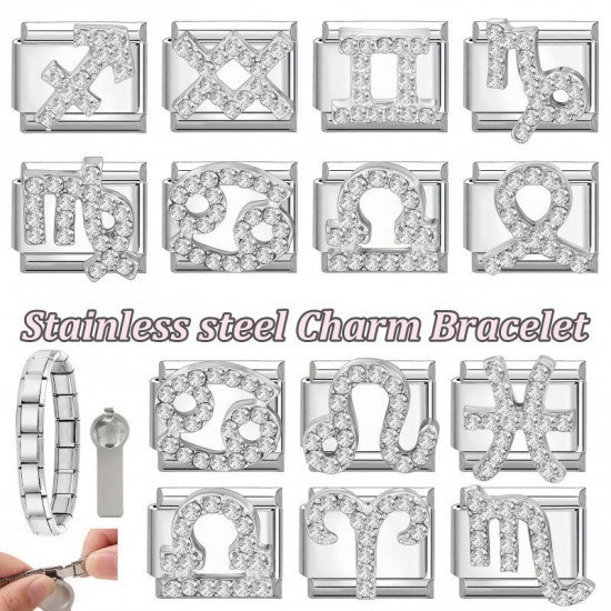 Picture of 1 Piece 304 Stainless Steel & Zinc Based Alloy Italian Charm Links For DIY Modular Bracelet Watch Jewelry Making Wholesale Silver Tone Rectangle Aries Sign Of Zodiac Constellations Clear Rhinestone 10mm x 9mm