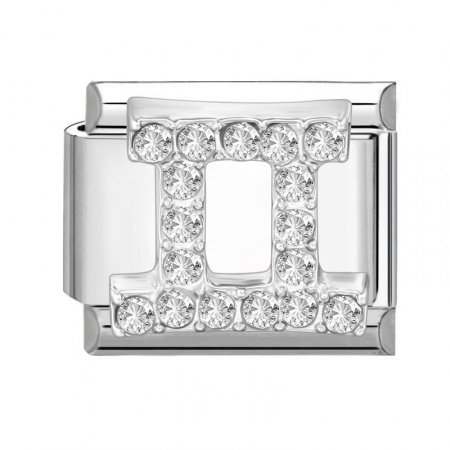 Picture of 1 Piece 304 Stainless Steel & Zinc Based Alloy Italian Charm Links For DIY Modular Bracelet Watch Jewelry Making Wholesale Silver Tone Rectangle Gemini Sign Of Zodiac Constellations Clear Rhinestone 10mm x 9mm