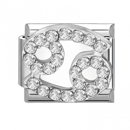 Picture of 1 Piece 304 Stainless Steel & Zinc Based Alloy Italian Charm Links For DIY Modular Bracelet Watch Jewelry Making Wholesale Silver Tone Rectangle Cancer Sign Of Zodiac Constellations Clear Rhinestone 10mm x 9mm