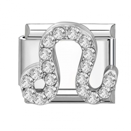 Picture of 1 Piece 304 Stainless Steel & Zinc Based Alloy Italian Charm Links For DIY Modular Bracelet Watch Jewelry Making Wholesale Silver Tone Rectangle Leo Sign Of Zodiac Constellations Clear Rhinestone 10mm x 9mm