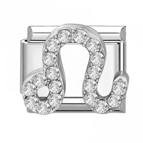 Picture of 1 Piece 304 Stainless Steel & Zinc Based Alloy Italian Charm Links For DIY Modular Bracelet Watch Jewelry Making Wholesale Silver Tone Rectangle Leo Sign Of Zodiac Constellations Clear Rhinestone 10mm x 9mm