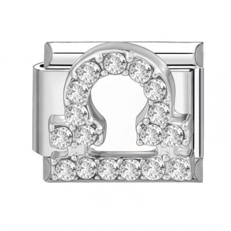 Picture of 1 Piece 304 Stainless Steel & Zinc Based Alloy Italian Charm Links For DIY Modular Bracelet Watch Jewelry Making Wholesale Silver Tone Rectangle Libra Sign Of Zodiac Constellations Clear Rhinestone 10mm x 9mm