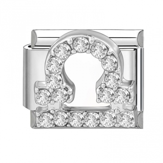 Picture of 1 Piece 304 Stainless Steel & Zinc Based Alloy Italian Charm Links For DIY Modular Bracelet Watch Jewelry Making Wholesale Silver Tone Rectangle Libra Sign Of Zodiac Constellations Clear Rhinestone 10mm x 9mm