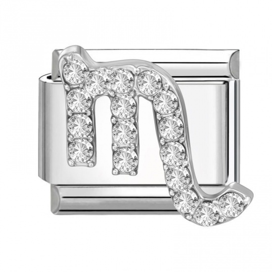 Picture of 1 Piece 304 Stainless Steel & Zinc Based Alloy Italian Charm Links For DIY Modular Bracelet Watch Jewelry Making Wholesale Silver Tone Rectangle Scorpio Sign Of Zodiac Constellations Clear Rhinestone 10mm x 9mm