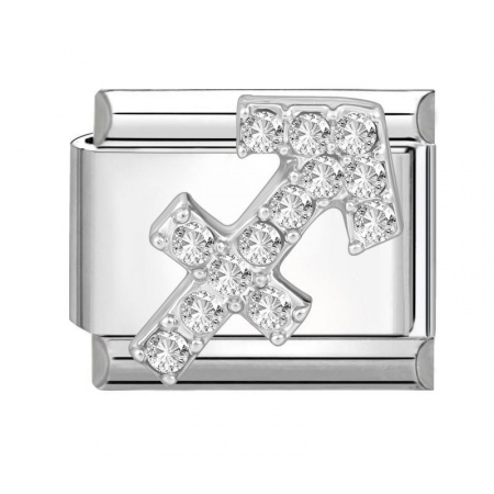 Picture of 1 Piece 304 Stainless Steel & Zinc Based Alloy Italian Charm Links For DIY Modular Bracelet Watch Jewelry Making Wholesale Silver Tone Rectangle Sagittarius Sign Of Zodiac Constellations Clear Rhinestone 10mm x 9mm