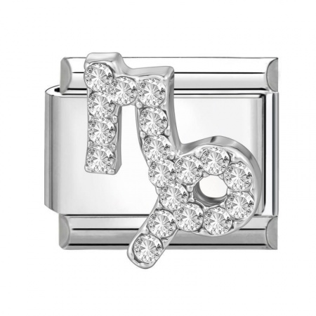 Picture of 1 Piece 304 Stainless Steel & Zinc Based Alloy Italian Charm Links For DIY Modular Bracelet Watch Jewelry Making Wholesale Silver Tone Rectangle Capricornus Sign Of Zodiac Constellations Clear Rhinestone 10mm x 9mm