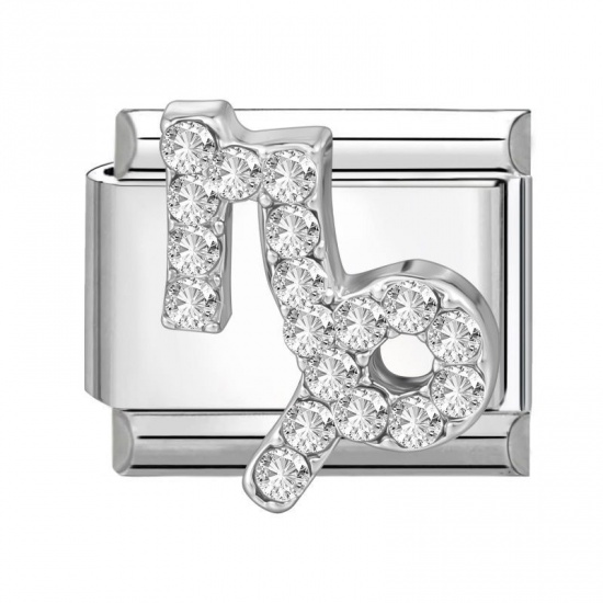 Picture of 1 Piece 304 Stainless Steel & Zinc Based Alloy Italian Charm Links For DIY Modular Bracelet Watch Jewelry Making Wholesale Silver Tone Rectangle Capricornus Sign Of Zodiac Constellations Clear Rhinestone 10mm x 9mm