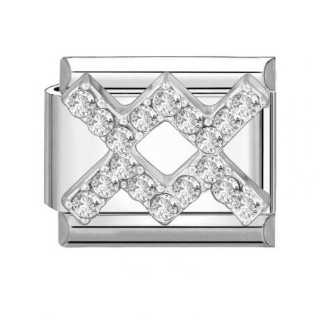 Picture of 1 Piece 304 Stainless Steel & Zinc Based Alloy Italian Charm Links For DIY Modular Bracelet Watch Jewelry Making Wholesale Silver Tone Rectangle Aquarius Sign Of Zodiac Constellations Clear Rhinestone 10mm x 9mm