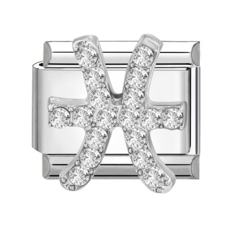 Picture of 1 Piece 304 Stainless Steel & Zinc Based Alloy Italian Charm Links For DIY Modular Bracelet Watch Jewelry Making Wholesale Silver Tone Rectangle Pisces Sign Of Zodiac Constellations Clear Rhinestone 10mm x 9mm
