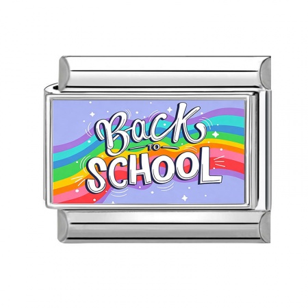 Picture of 1 Piece 304 Stainless Steel Italian Charm Links For DIY Modular Bracelet Watch Jewelry Making Wholesale Silver Tone Multicolor Rectangle Rainbow Message " Back School " 10mm x 9mm