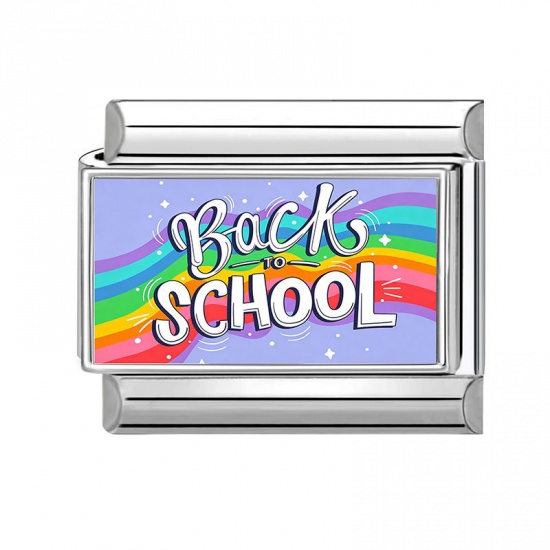 Picture of 1 Piece 304 Stainless Steel Italian Charm Links For DIY Modular Bracelet Watch Jewelry Making Wholesale Silver Tone Multicolor Rectangle Rainbow Message " Back School " 10mm x 9mm