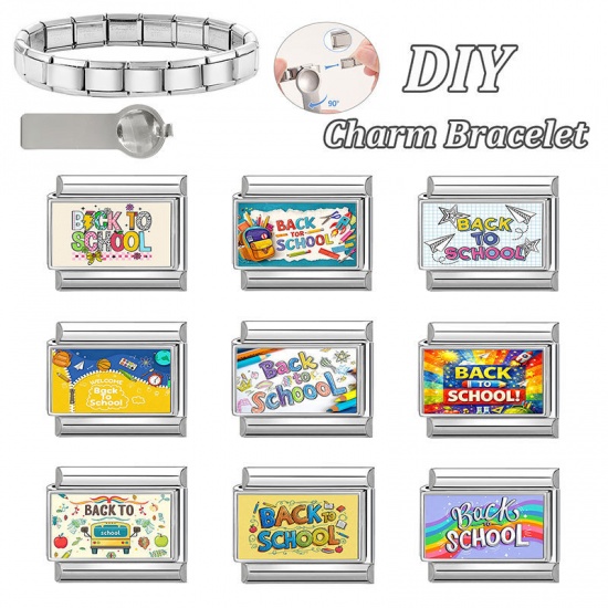 Picture of 1 Piece 304 Stainless Steel Italian Charm Links For DIY Modular Bracelet Watch Jewelry Making Wholesale Silver Tone Multicolor Rectangle Rainbow Message " Back School " 10mm x 9mm