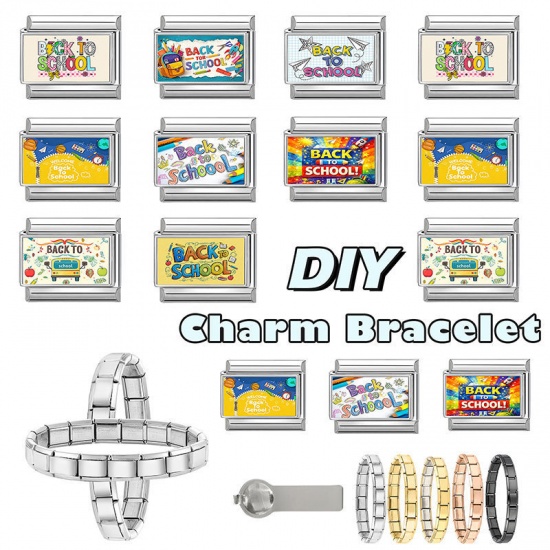 Picture of 1 Piece 304 Stainless Steel Italian Charm Links For DIY Modular Bracelet Watch Jewelry Making Wholesale Silver Tone Multicolor Rectangle Rainbow Message " Back School " 10mm x 9mm