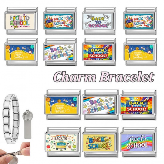 Picture of 1 Piece 304 Stainless Steel Italian Charm Links For DIY Modular Bracelet Watch Jewelry Making Wholesale Silver Tone Multicolor Rectangle Rainbow Message " Back School " 10mm x 9mm